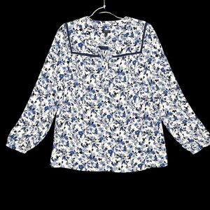 Talbots Size Large L Blouse Top‎ White Blue Women’s Career Floral Crochet Trim